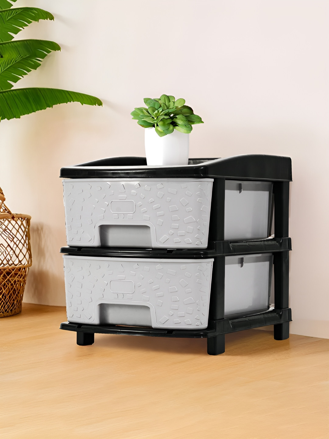 RUBOXA Black & White Textured 2-Layer Drawer Organiser