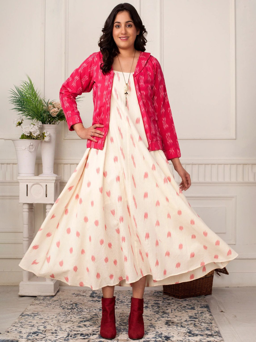 DIIWATAA Printed Cotton A-Line Midi Dress With Jacket