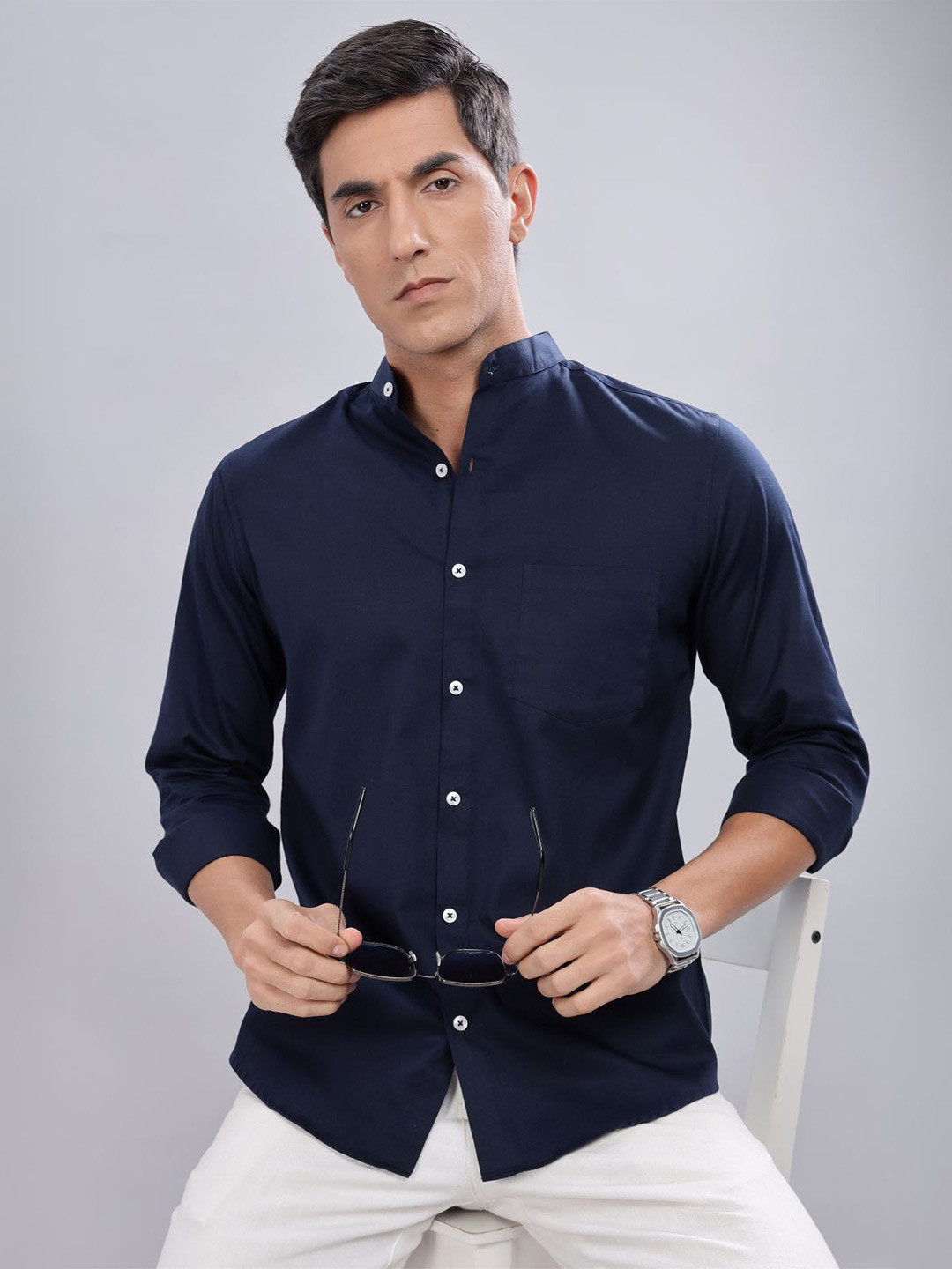 7TH LEGION Men Smart Regular Fit Solid Band Collar Cotton Casual Shirt