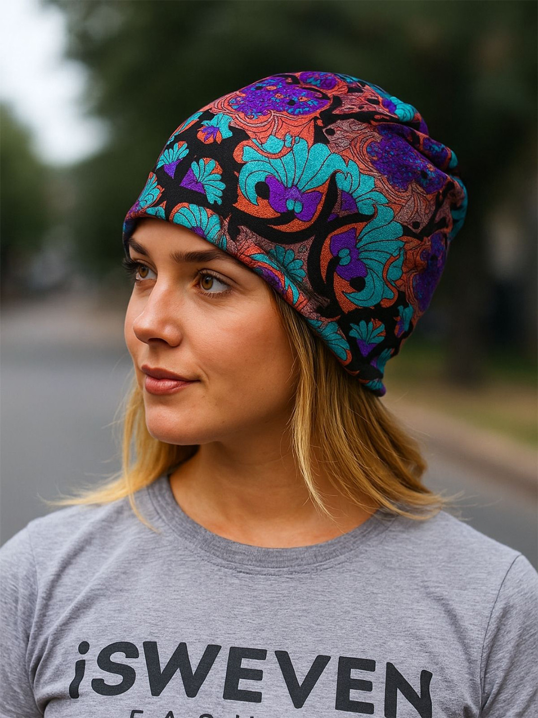 iSWEVEN Unisex Printed Soft Slouchy Skull Stylish Cotton Beanie Cap for Summer Winter