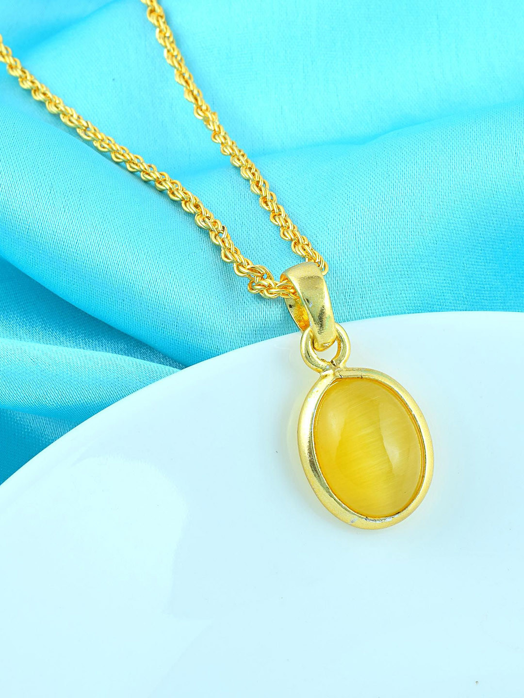 Missmister Gold-Plated Tiger eye Studded Oval Shaped Pendants with Chains