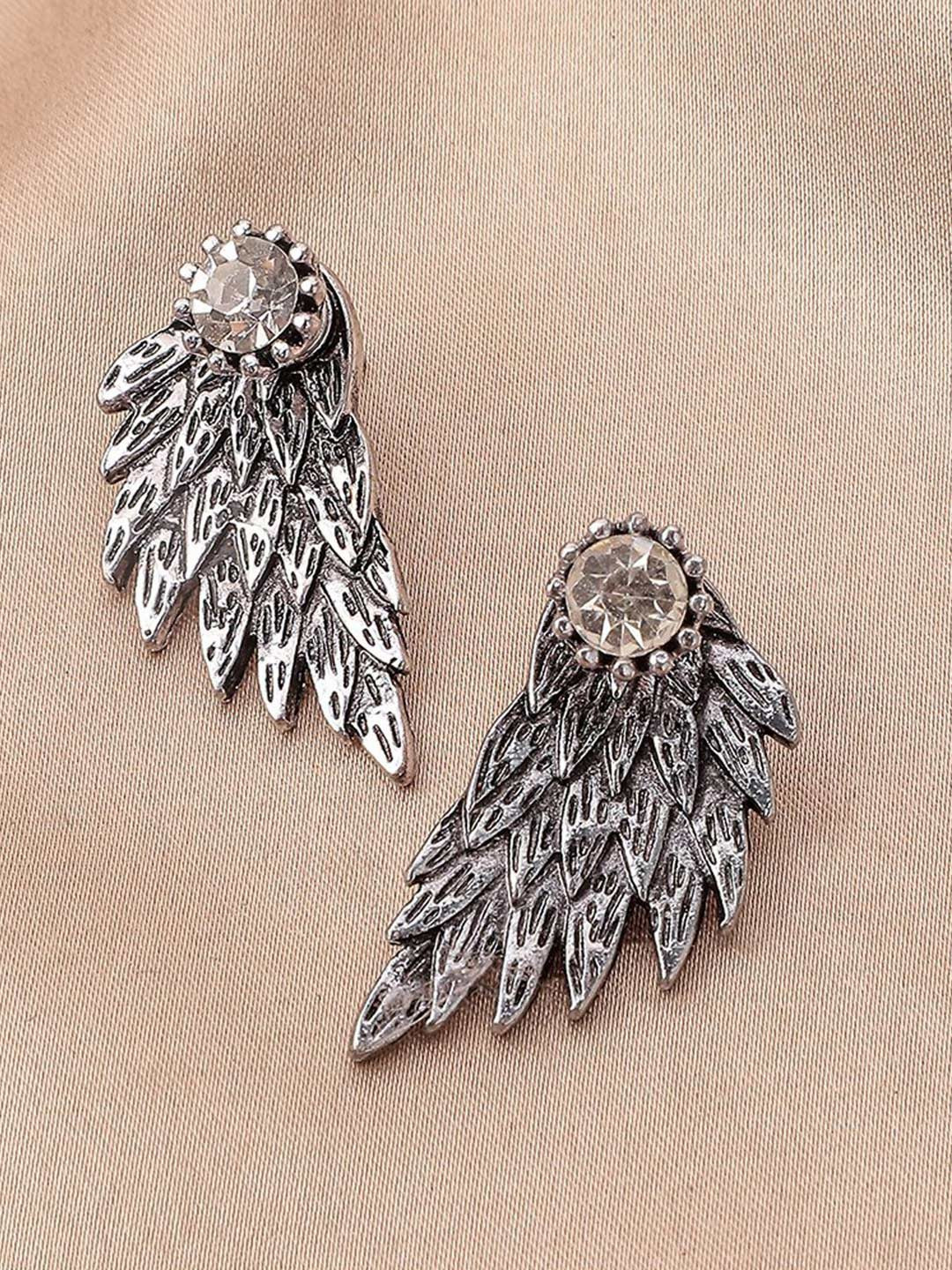BEYTER Sterling Silver Crystals Studded Angel Wings Feather Shaped Korean Studs
