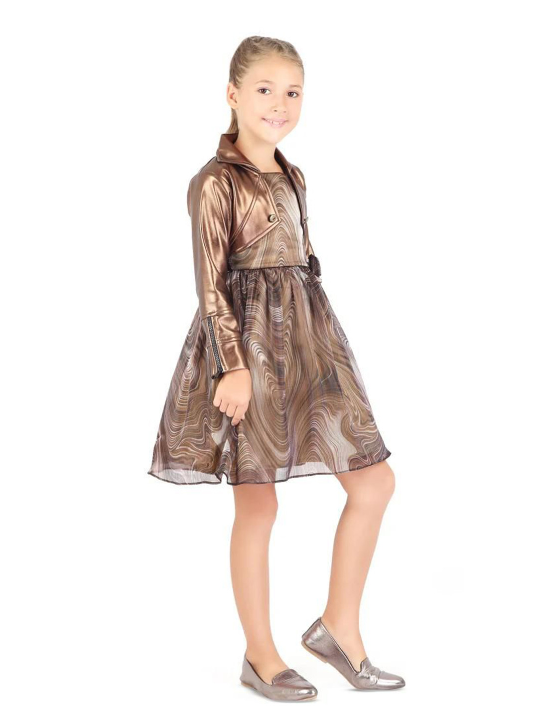 Tiny Girl Abstract Printed Corsage Fit & Flare Dress with Fancy Leather Jacket