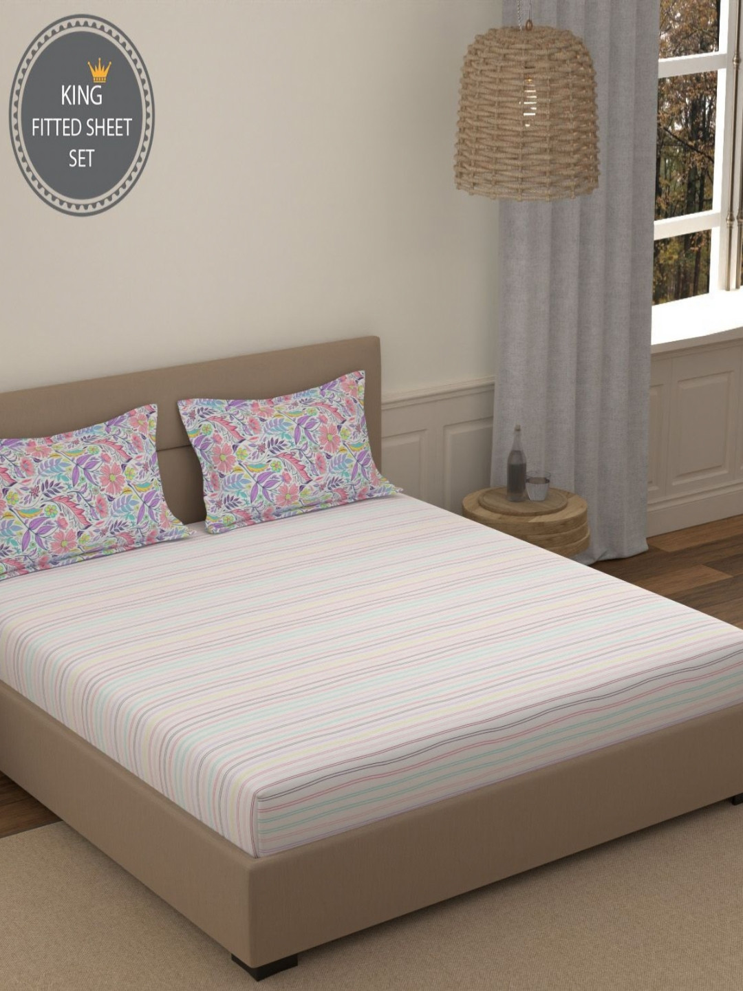 Portico Fusion 144 TC Cotton Off White King Size Fitted Sheet 2 Pillow Covers