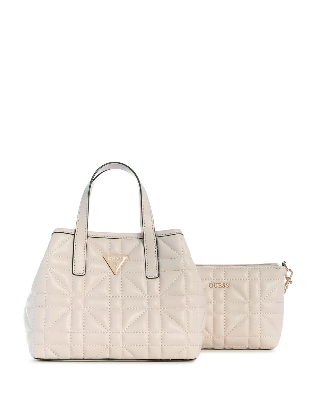 GUESS Women Edita Solid Structured Quilted Handheld Bag with Pouch