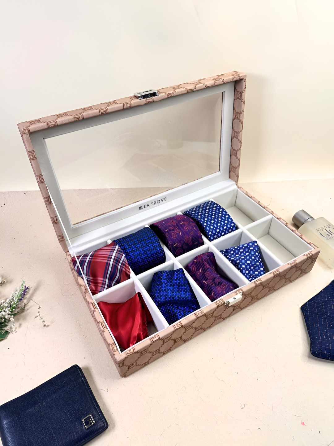 La Trove 10 Slots Gold-Toned Leather Multi-Utility Tie Display Organizer Closet Box