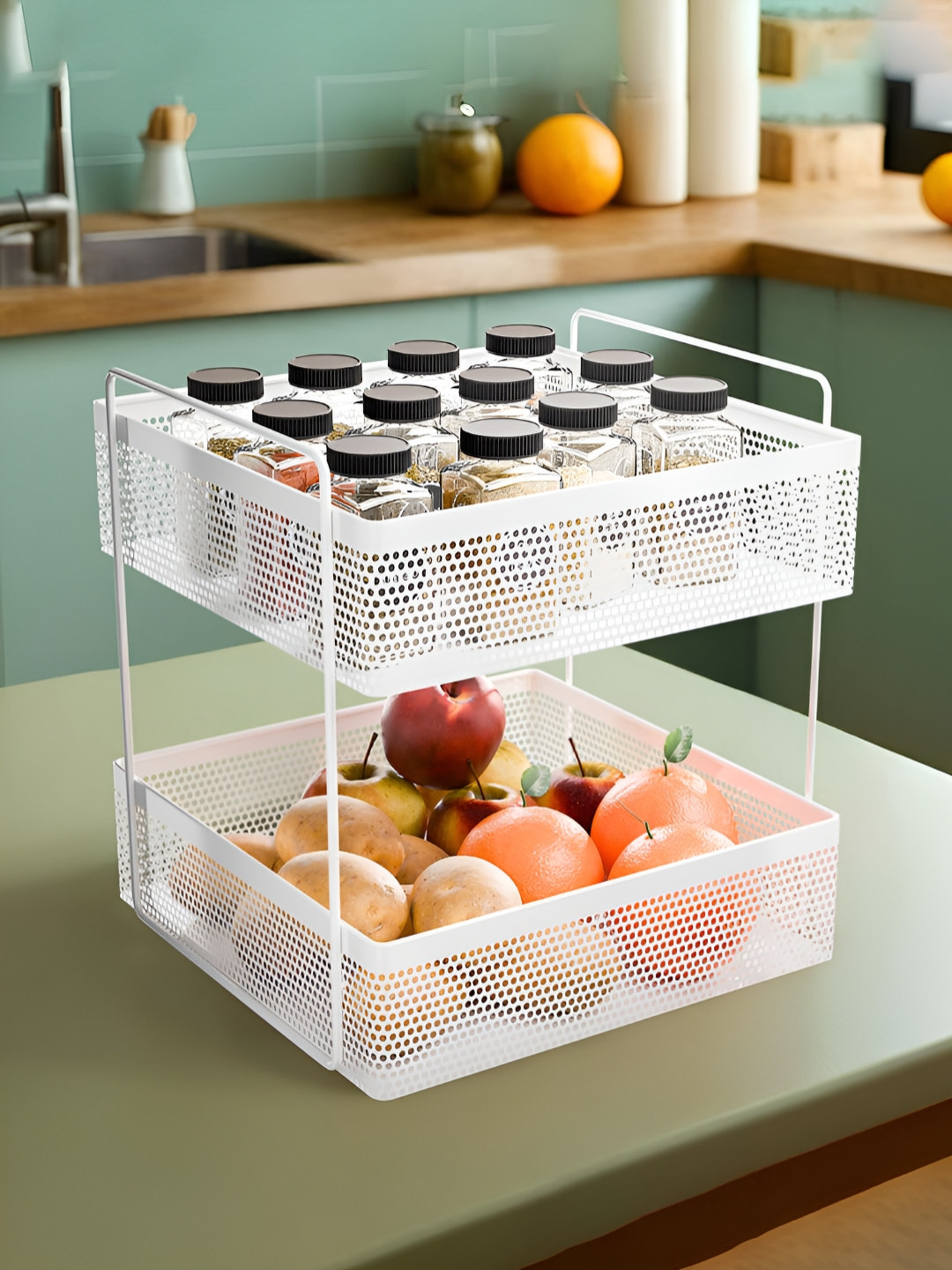 RUBOXA White Metal Textured 2-Tier Square Kitchen Rack Stand Multi-Utility Organiser