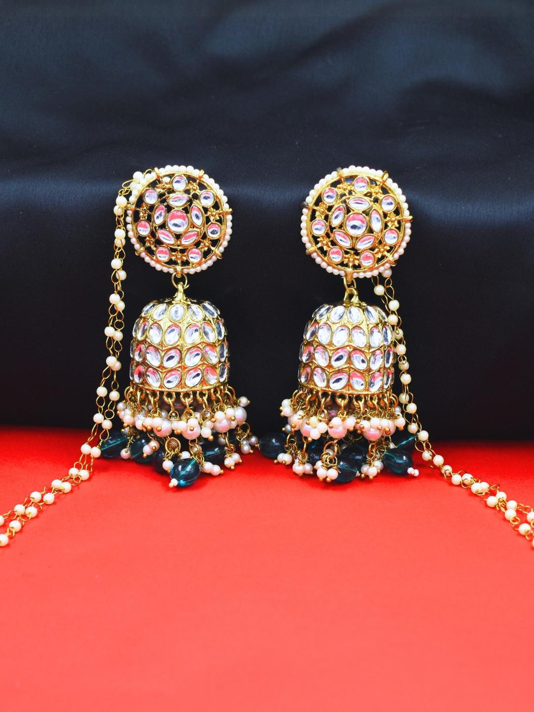 J & C Fashion Embellished with Beads and Pearls Kundan Jhumka Earrings