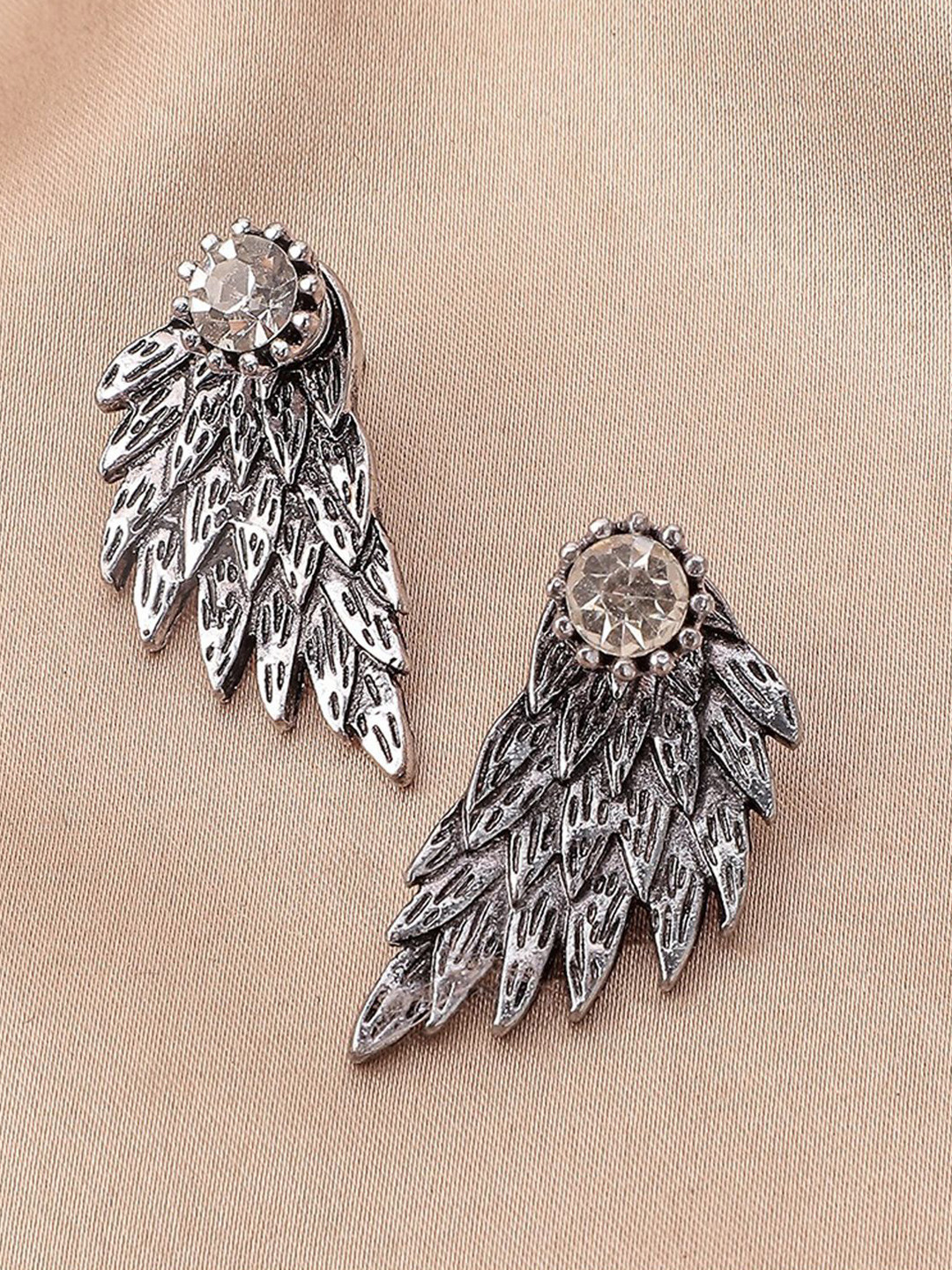 styledose Sterling Silver Crystals Studded Korean Oxidised Feather Shaped Studs