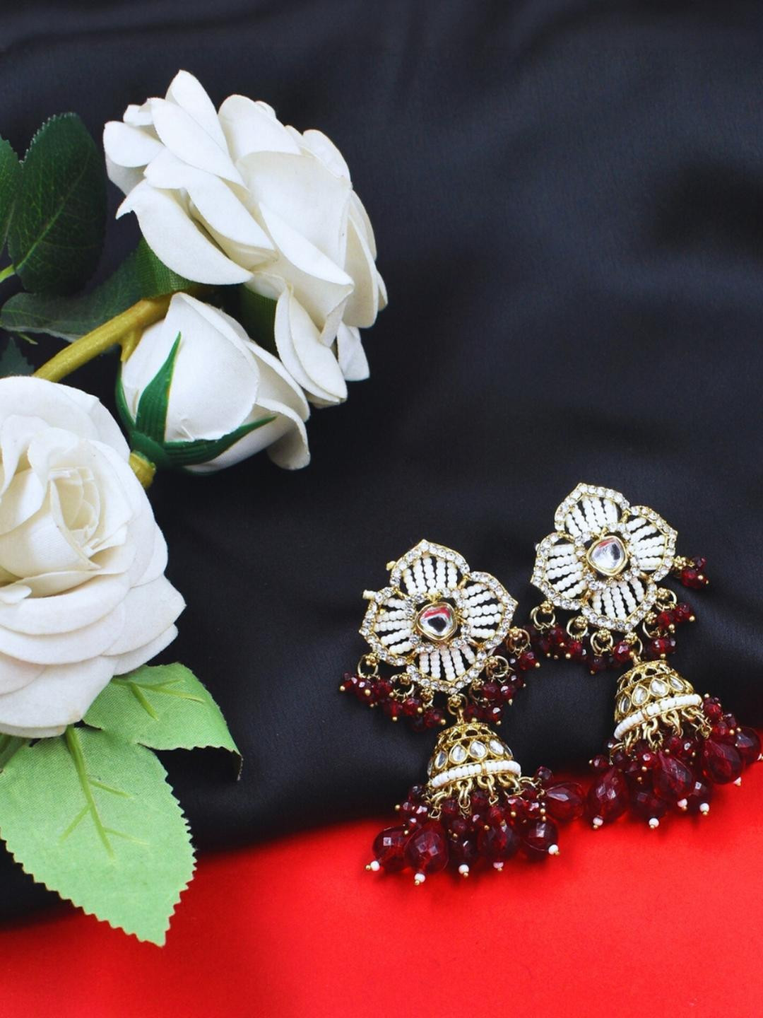 J & C Fashion Arena Women Red Brass Embellished With Beads And Pearls Earrings