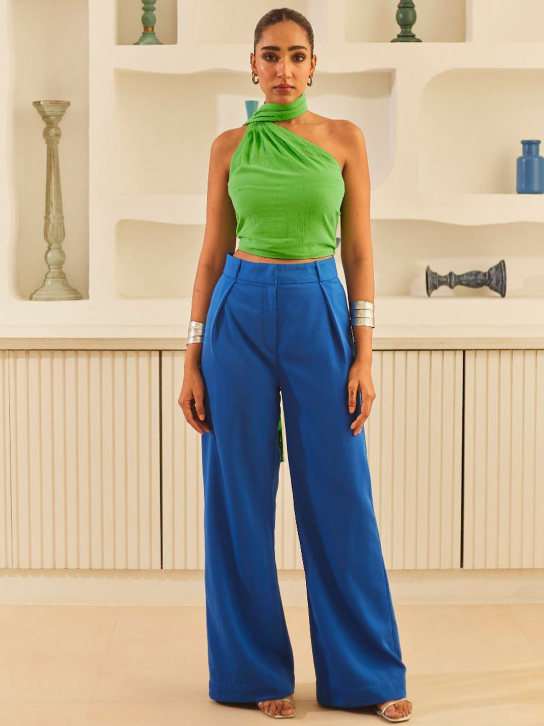 Urban Suburban Women Blue High-Rise Relexed Fit Wide Leg Trousers