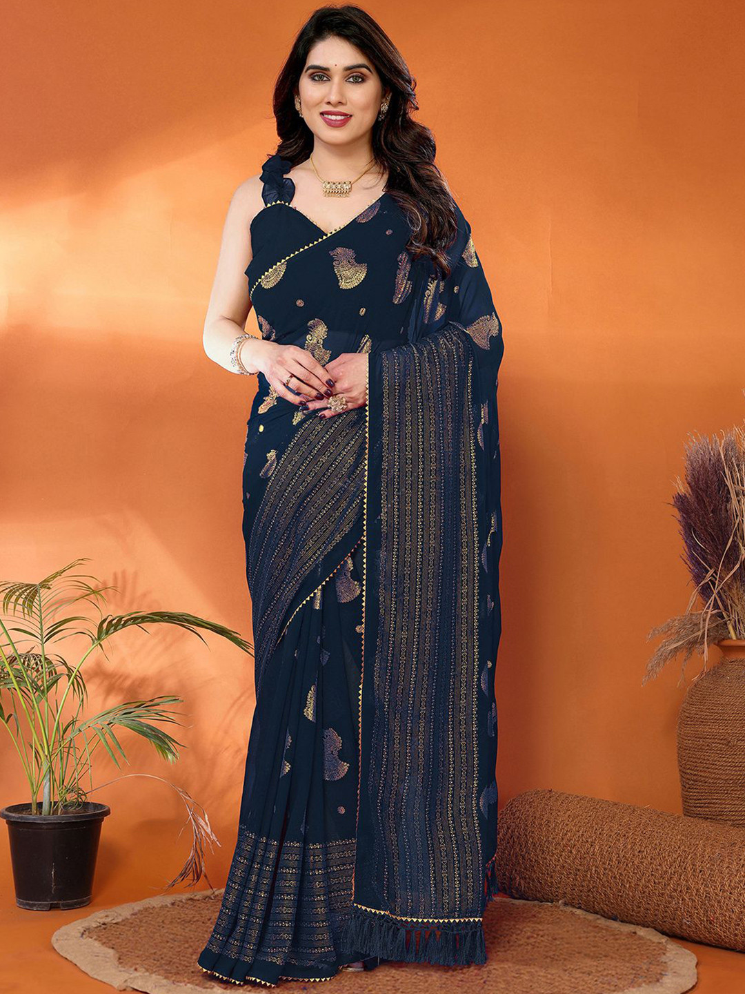 all about you Ethnic Motifs Navy Blue Foil Print Saree With Unstiched Blouse Piece