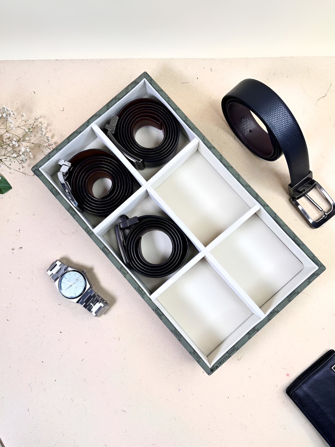 La Trove 6 Slot Olive Green Leather Multi-Utility Belt Organiser Closet Tray