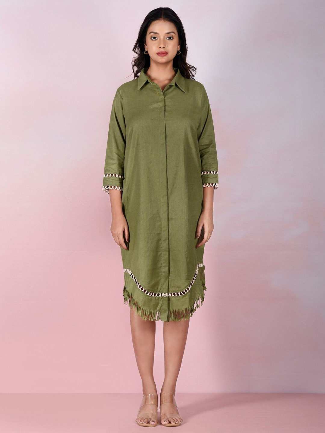 THE HOUSE OF HEMP Women Solid Three-Quarter Sleeves Shirt Knee Length Dress