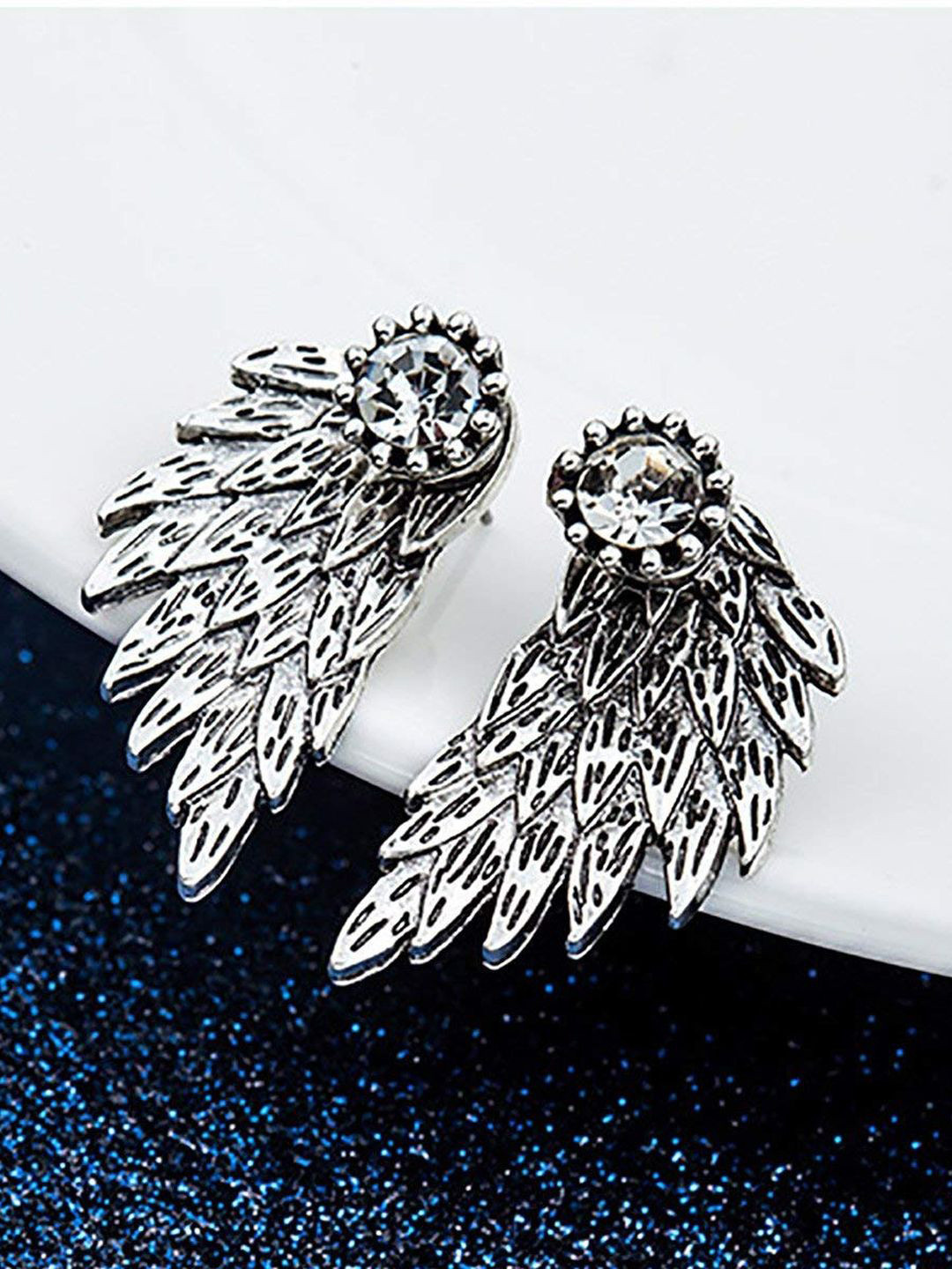 BEYTER Sterling Silver Crystals Studded Angel Wings Feather Shaped Korean Studs