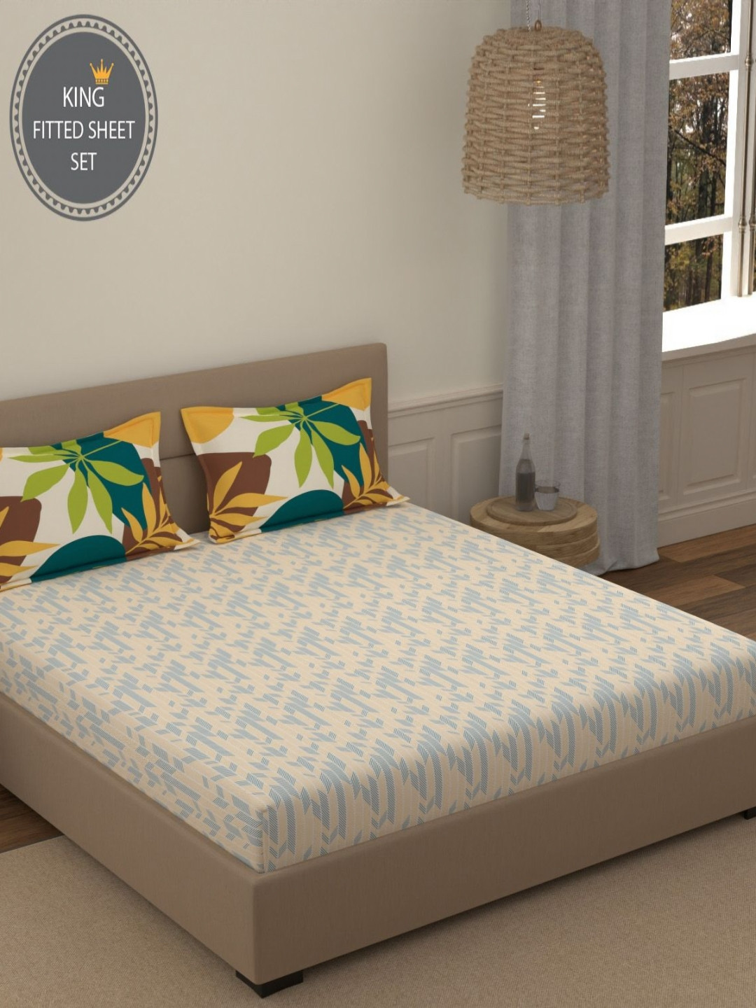 Portico Fusion 144 TC Cotton Mustard King Size Fitted Sheet 2 Pillow Covers