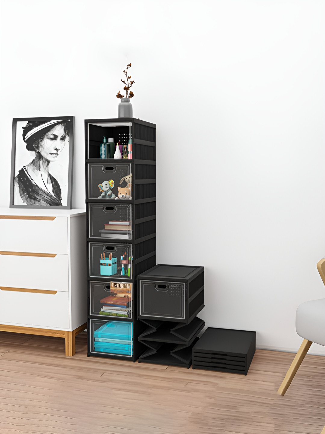 RUBOXA Black Plastic 6-Tier Transparent Collapsible Storage Box Cabinet Organiser