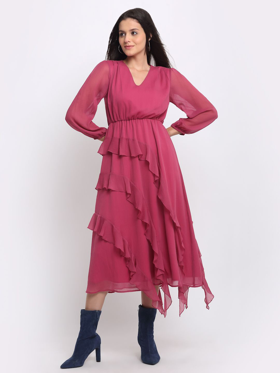 SHAYE Shaye Dusty Pink V-Neck Solid Long Sleeves Casual Midi Dresses For Women