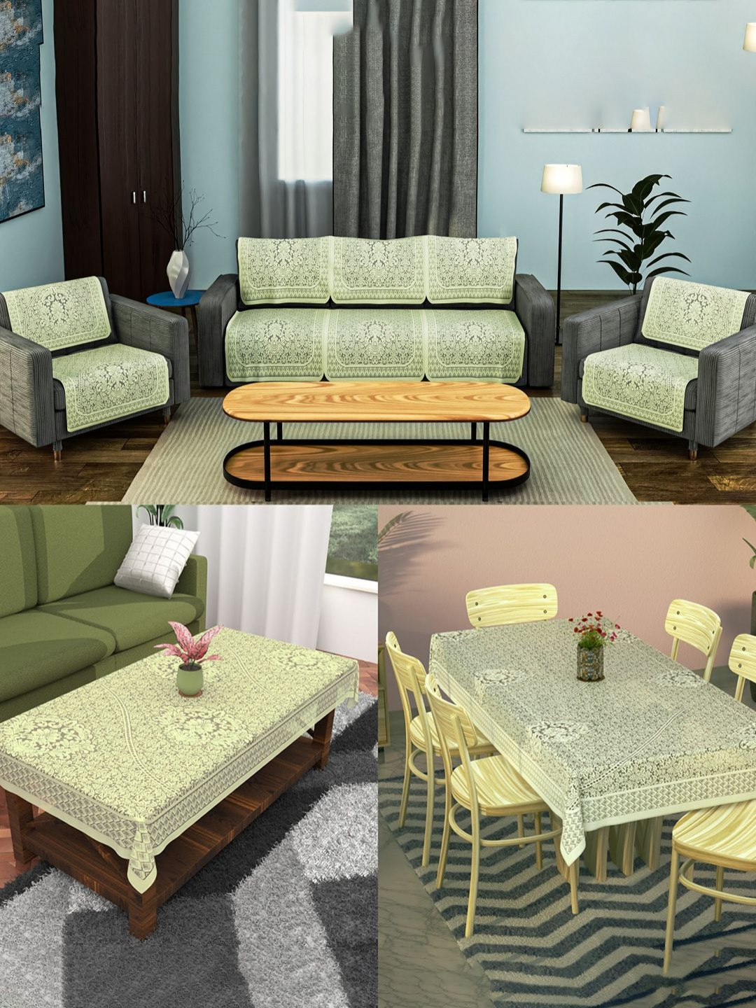 RUBOXA 12 Pcs Combo Cream-Coloured Printed Cotton Sofa Cover Centre & Dining Table Cover