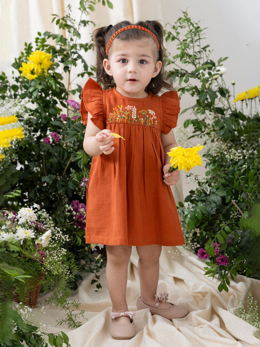 Tiber Taber Girls Floral Embroidered Flutter Sleeve Cotton Empire Dress