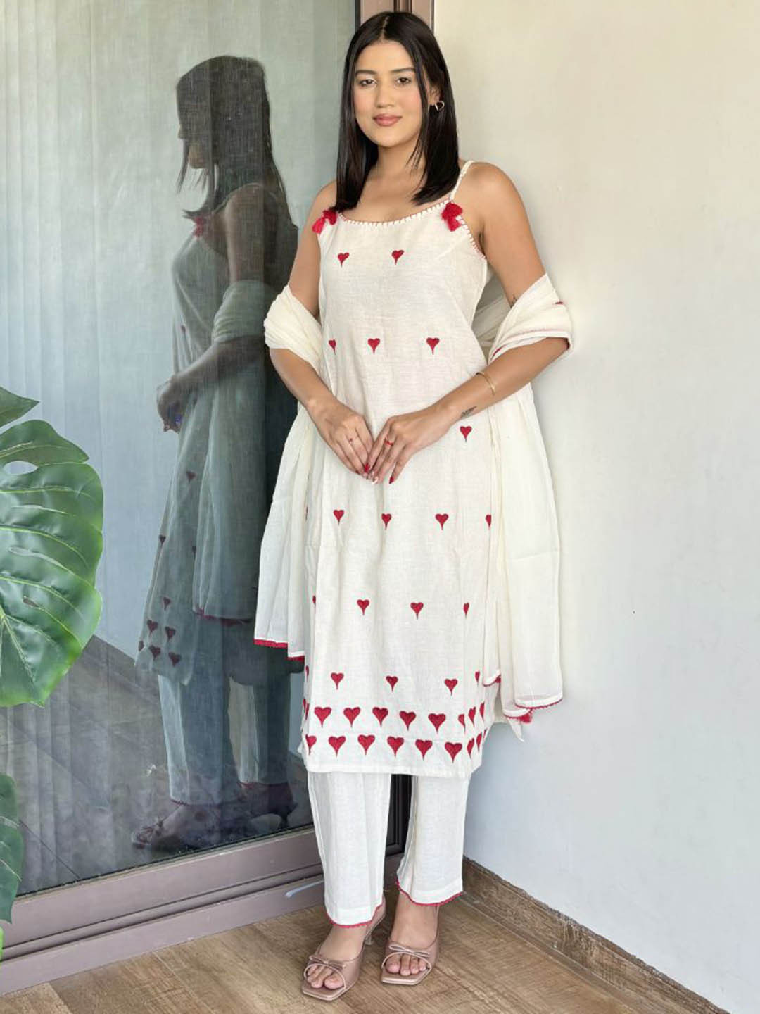 FFI Gemetric Woven Design Pure Cotton Straight Kurta with Trousers & With Dupatta