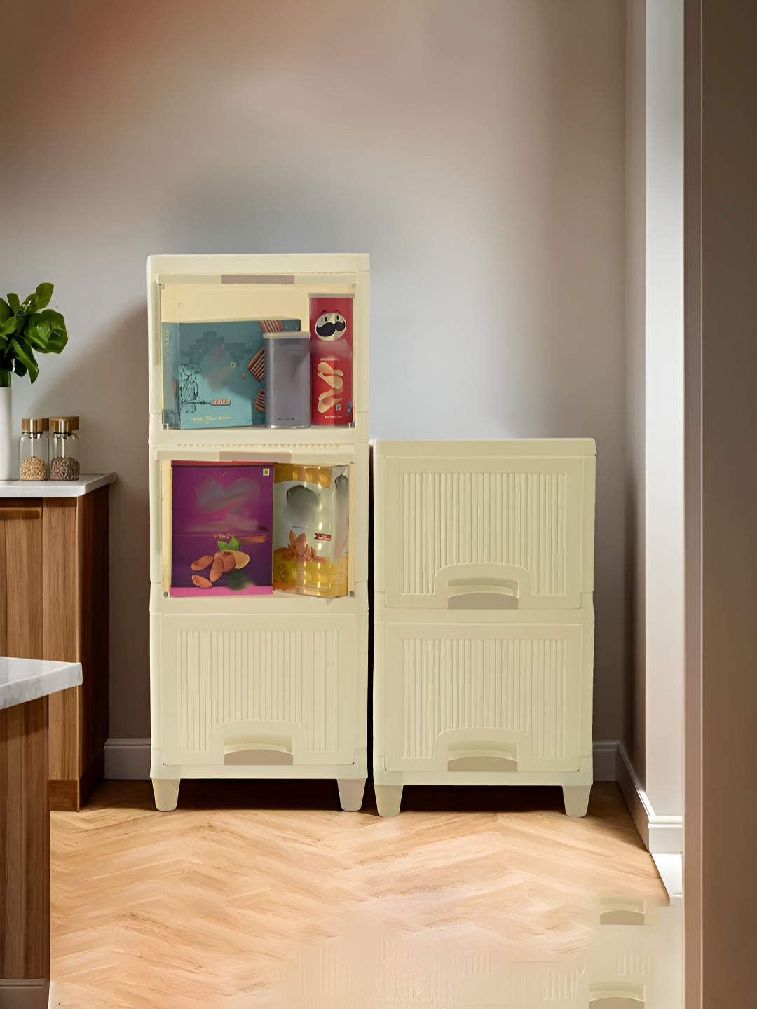 RUBOXA Set of 5 Cream-Coloured 3+2 Cabinet Folding Storage Organizer Wardrobe Rack