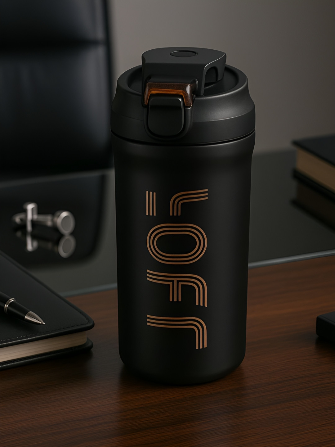 Myntra Elegant Homes Black Stainless Steel Printed Double Wall Vacuum Water Bottle 600ml