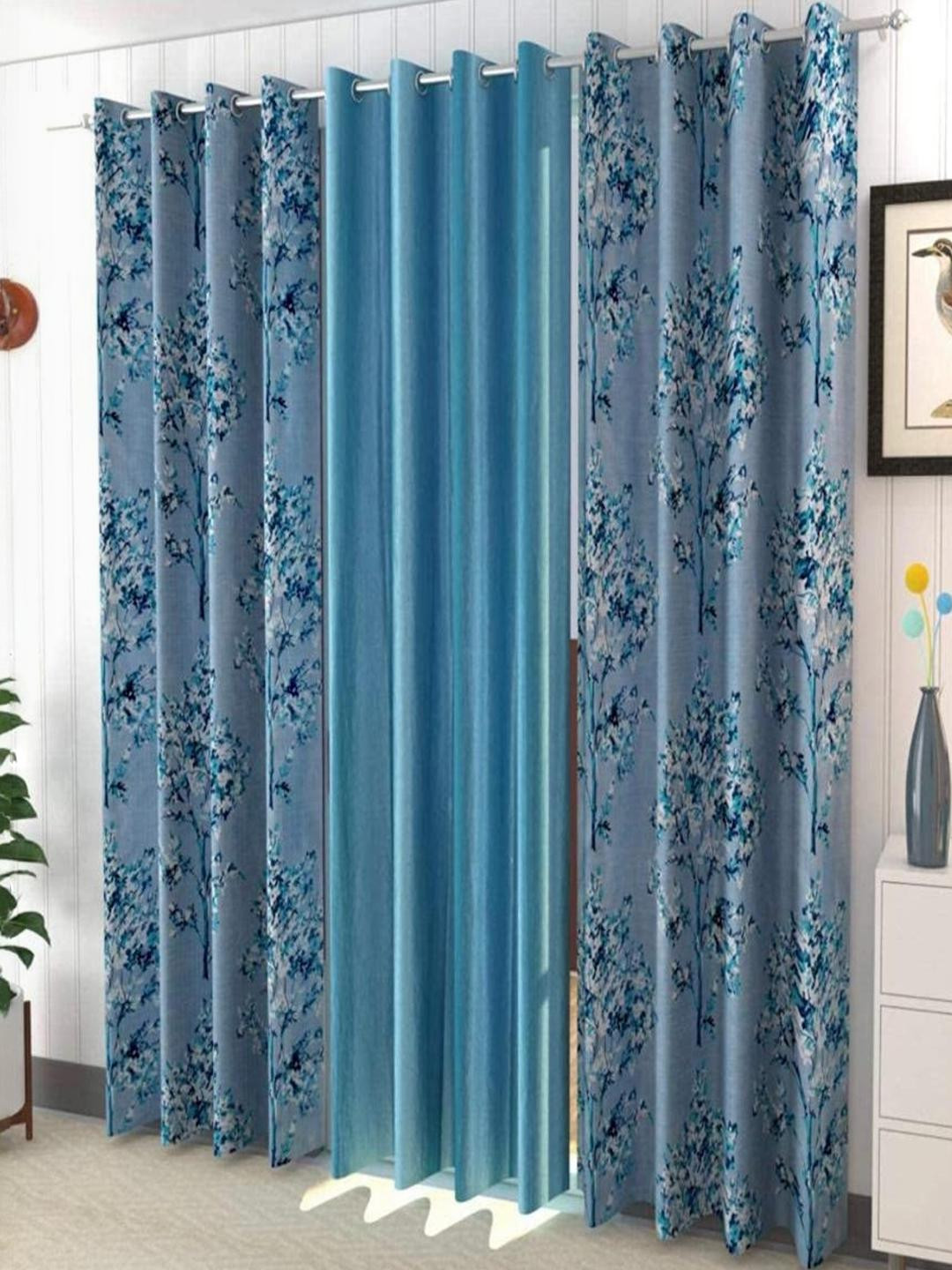 AADI TRADERS Blue Set of 3 Floral Polyester Long Door Curtains