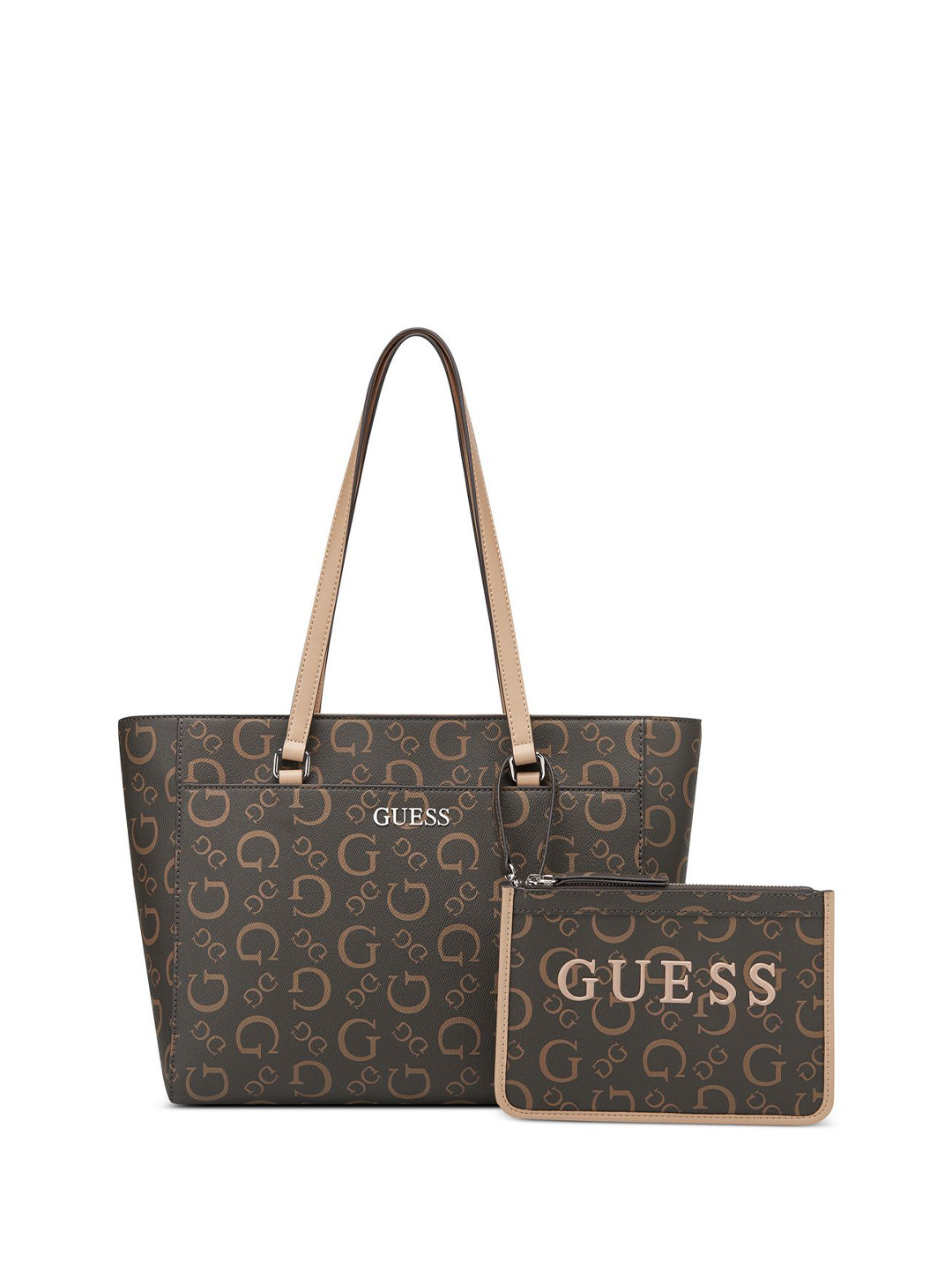 GUESS Women Delphine Typography Structured Shoulder Bag with Pouch