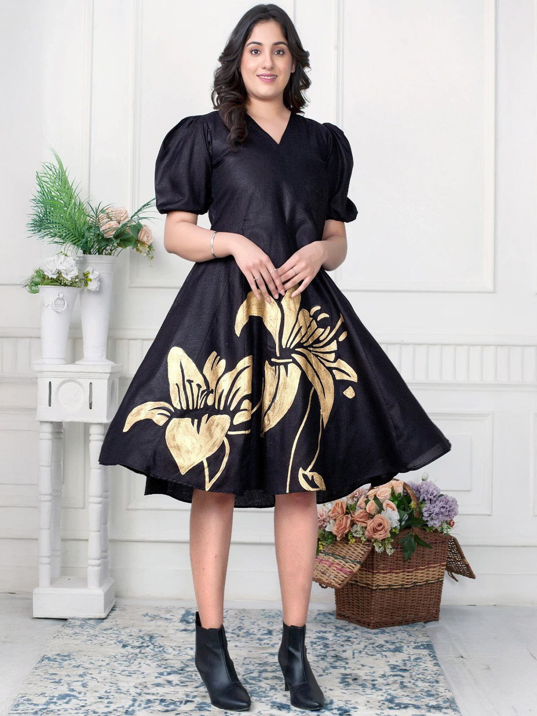 DIIWATAA Floral Printed Puff Sleeve A-Linee Dress