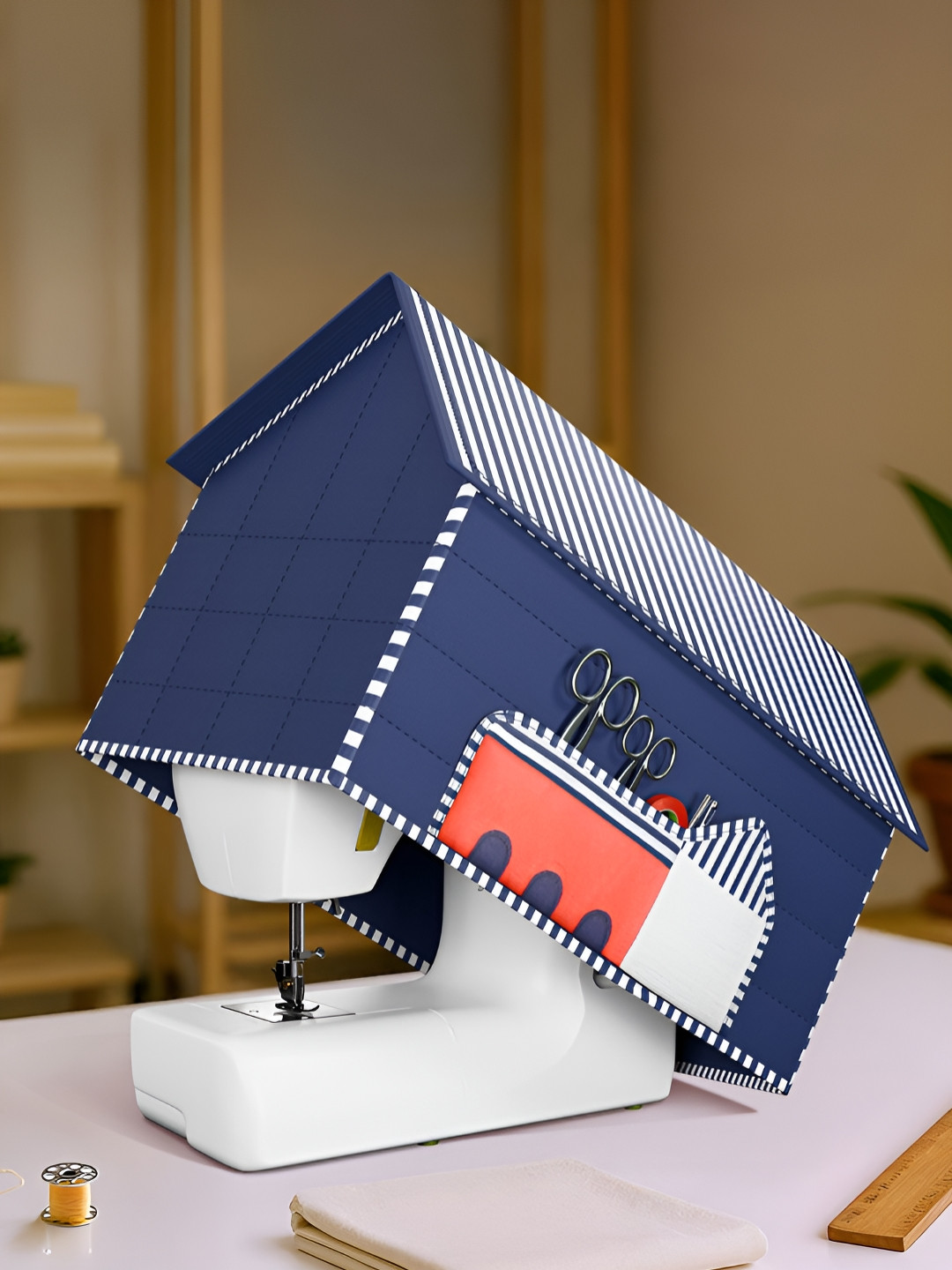 RUBOXA Blue & White Printed Cotton Eco-Friendly Sewing Machine Cover With Storage Pocket