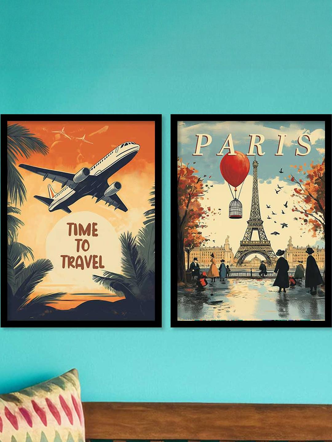 WALLLANE Set of 2 Black Wood Abstract Wall Paintings With Frame