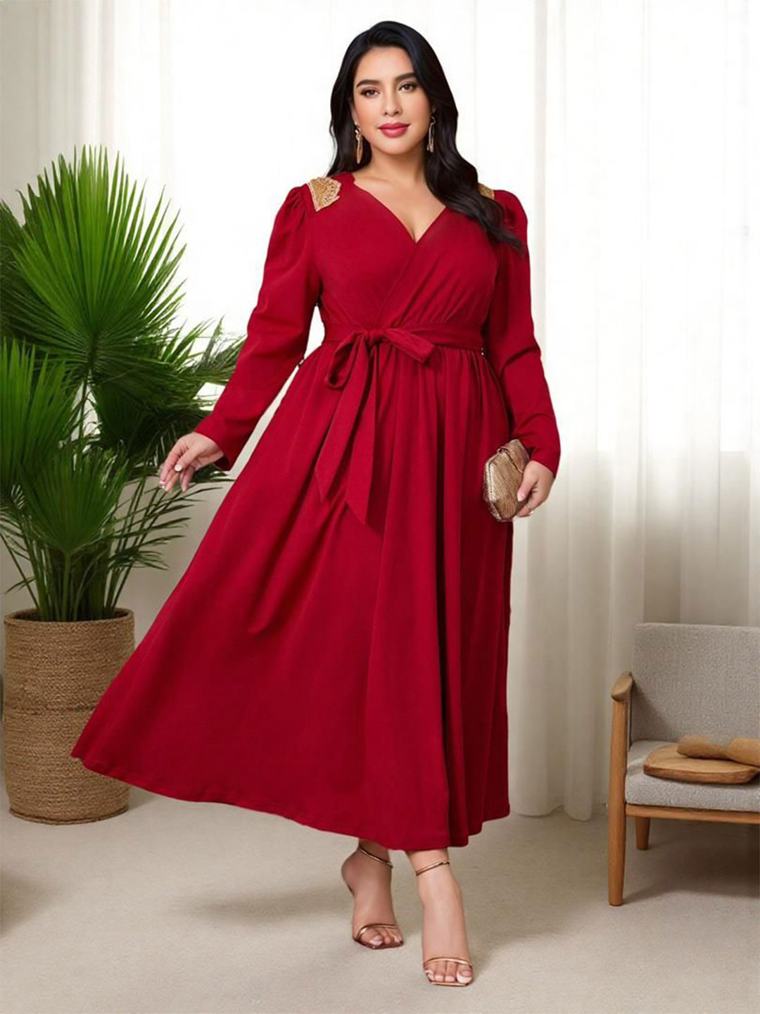 Sztori Women Plus Size Belted V-Neck Long Sleeve Maxi Dress