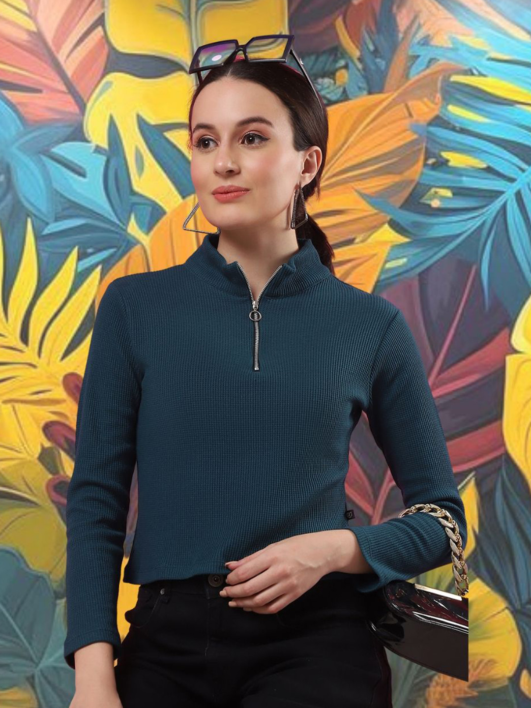 Rigo Women Teal Cotton High Collar Half Zipper Crop Top