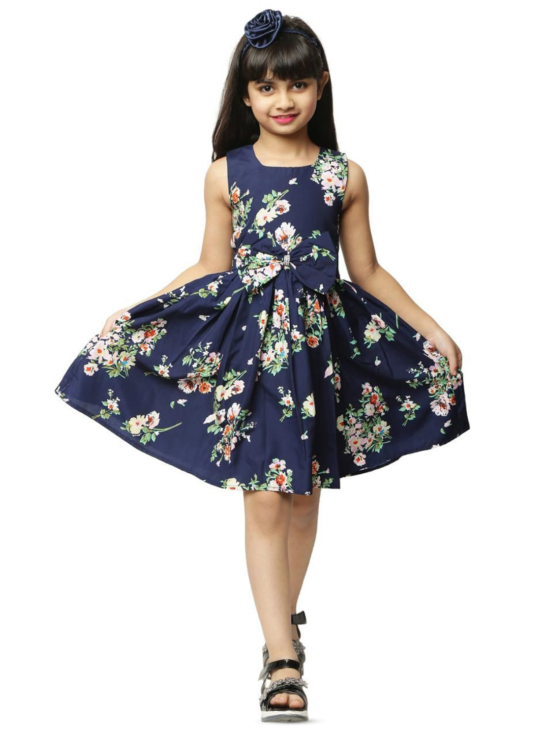 Wow Princess Baby Girl's Floral Printed Sleeveless Bow Details Fit and Flare Dress