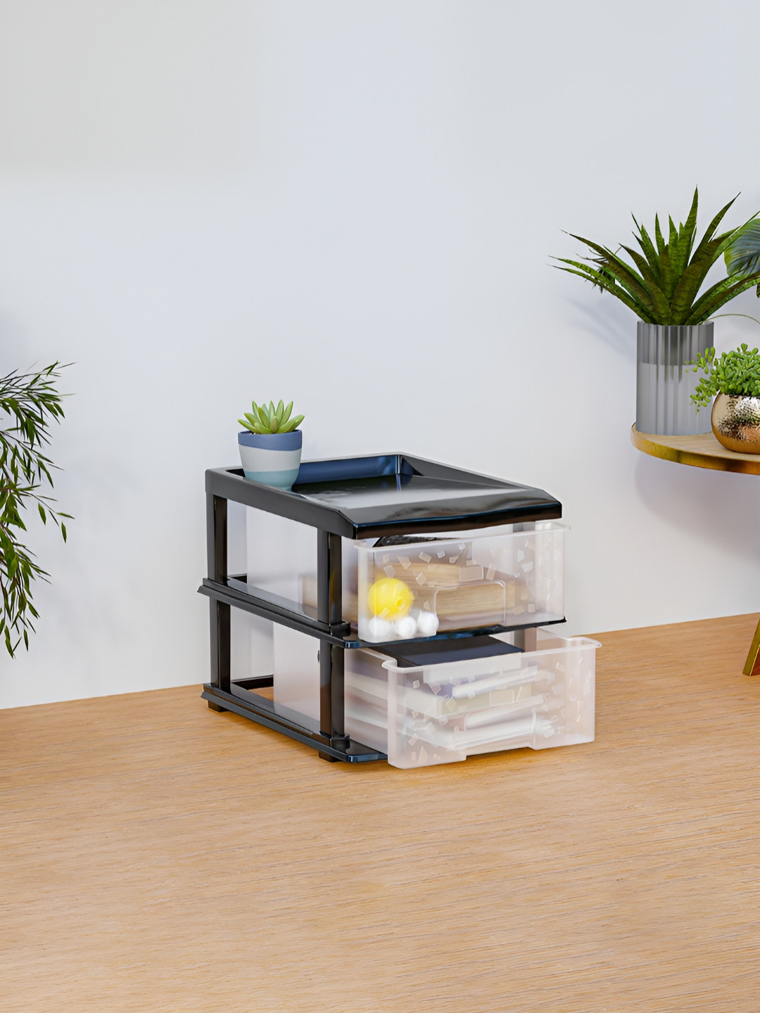 RUBOXA Transparent & Black 2-Layer Multi-Purpose Plastic Drawer Storage Organisers