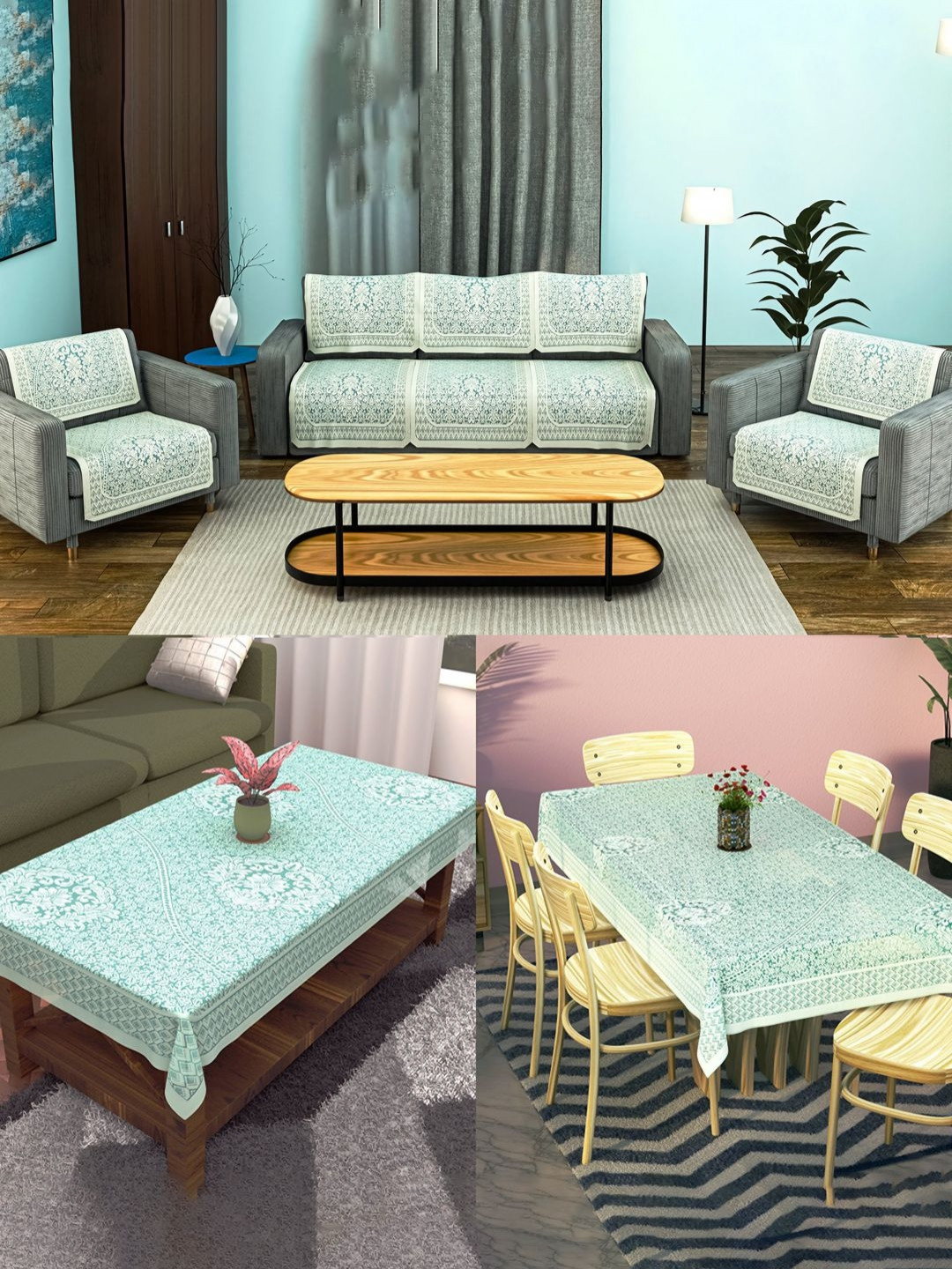 RUBOXA 12 Pcs Combo Blue & White Printed Cotton Sofa Cover Centre & Dining Table Cover