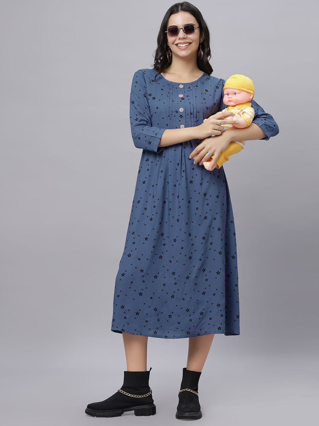 Mammas Maternity Women Maternity Star Print  Fit and Flare Midi Dress