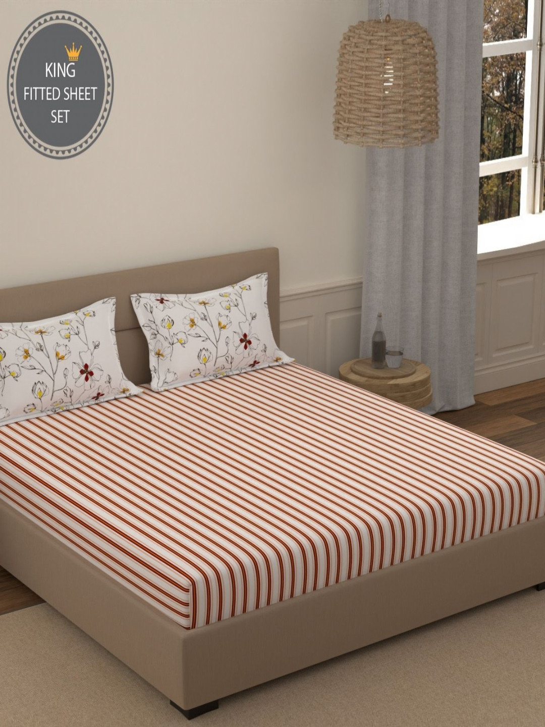 Portico Fusion 144 TC Cotton Red King Size Fitted Sheet 2 Pillow Covers