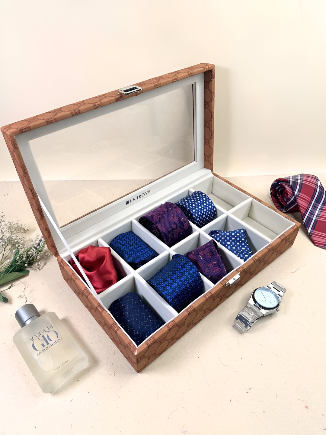 La Trove 10 Slots Tan Leather Multi-Utility Tie Display Organizer Closet Box