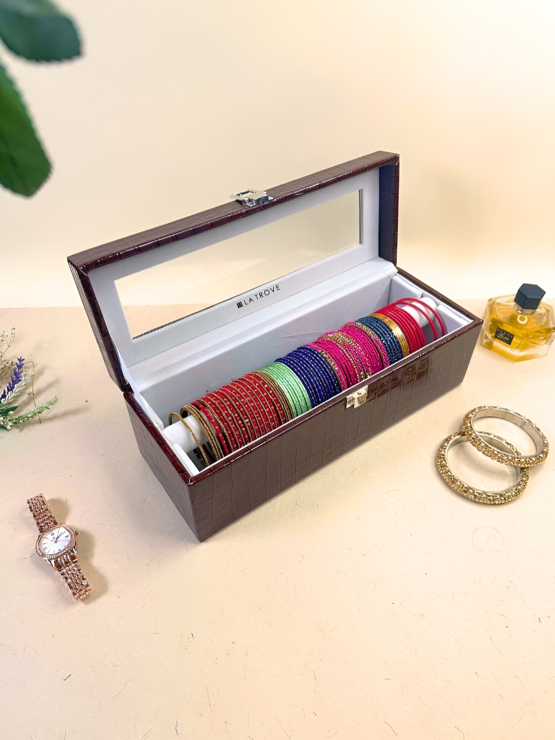 La Trove 1 Rod Brown Leather Bangle Organizer Box for Wardrobe Closet