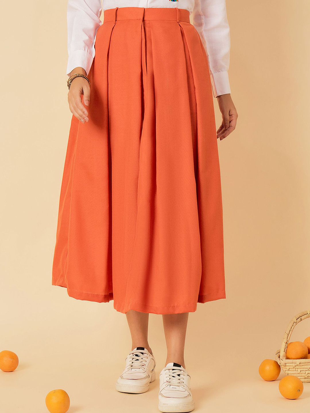 Uptownie Cotton Poplin Box Pleated Midi Skirt