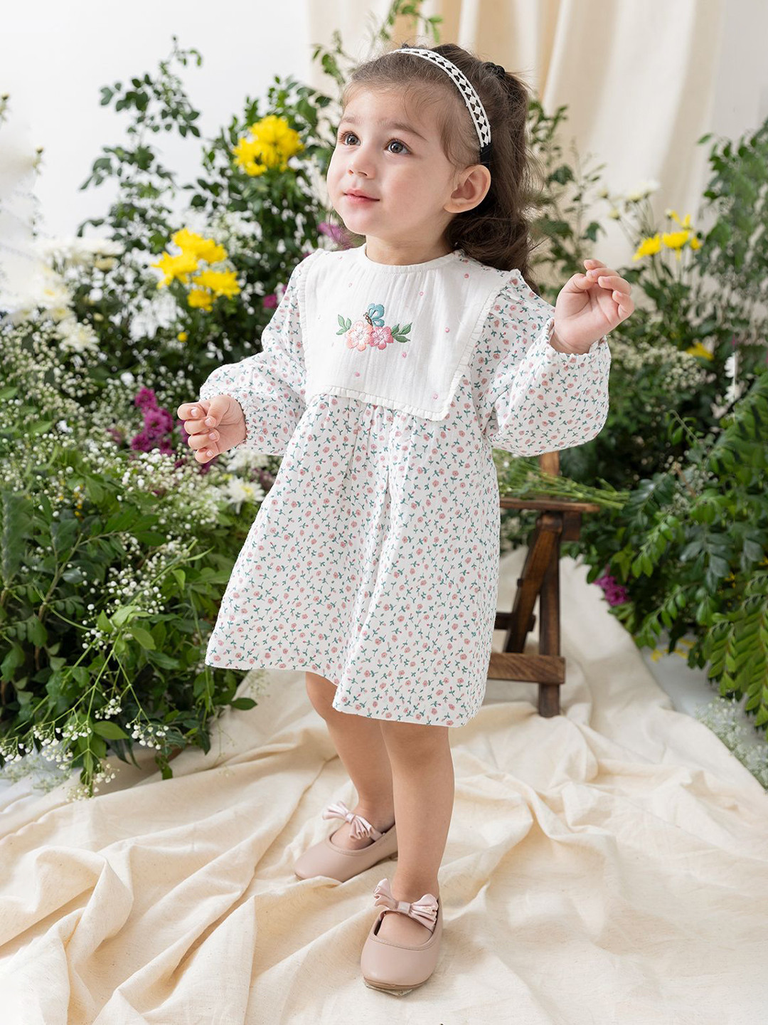 Tiber Taber Girls Floral Embroidered Cotton T-shirt Dress
