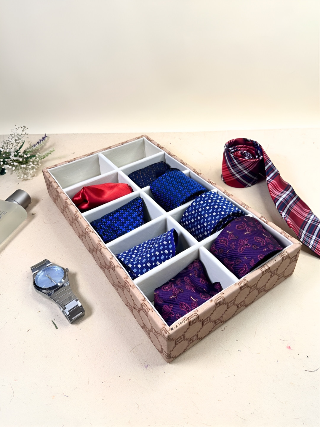 La Trove 10 Slots Beige Leather Multi-Utility Tie Display Organizer Closet Box