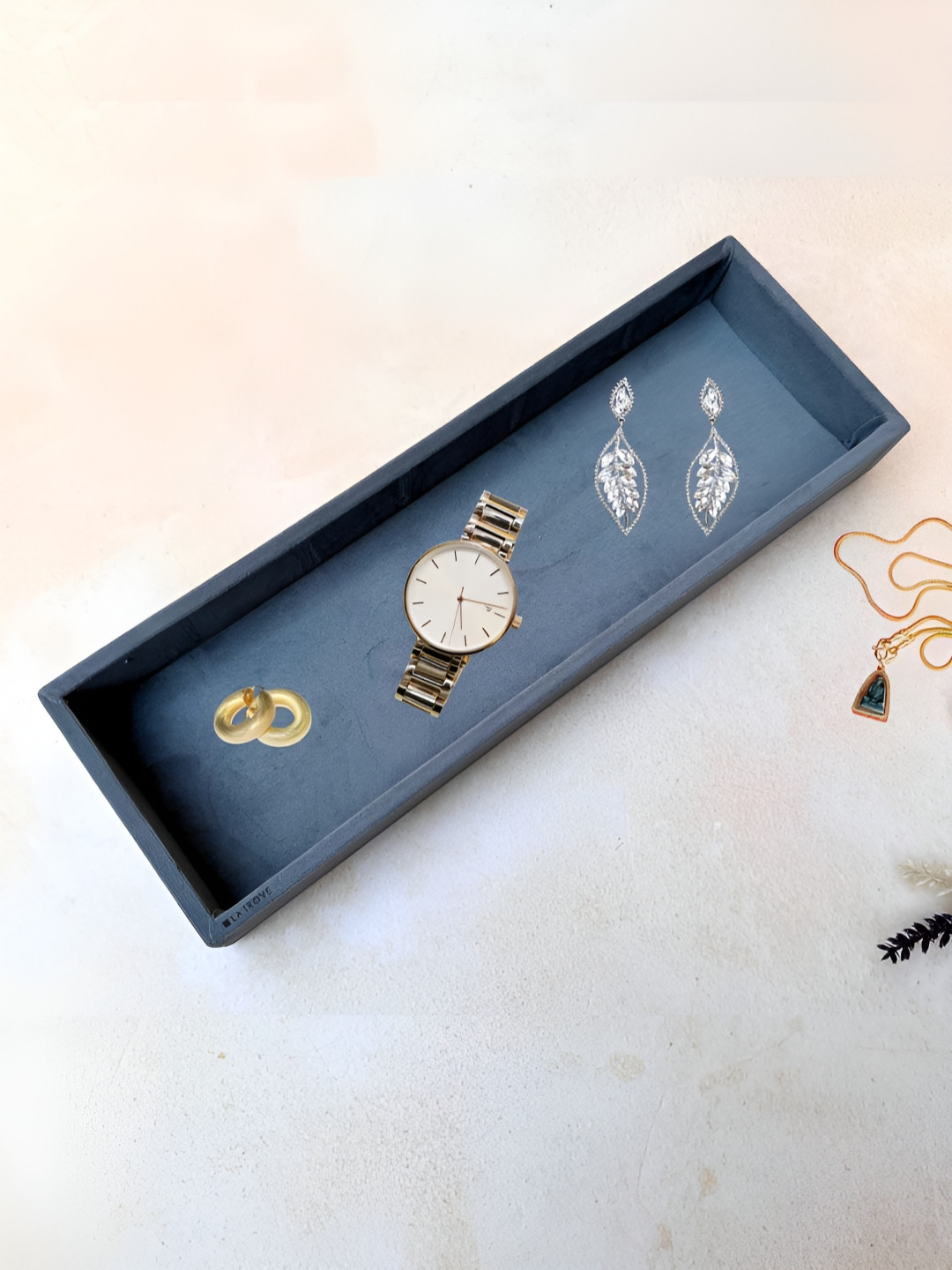 La Trove Grey Sleek Plain Velvet Organizer Tray