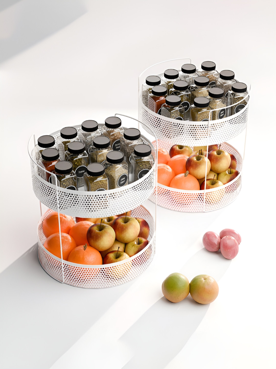 RUBOXA Set of 2 White Metal Round 2-Tier Kitchen Spice Rack Stand Organiser