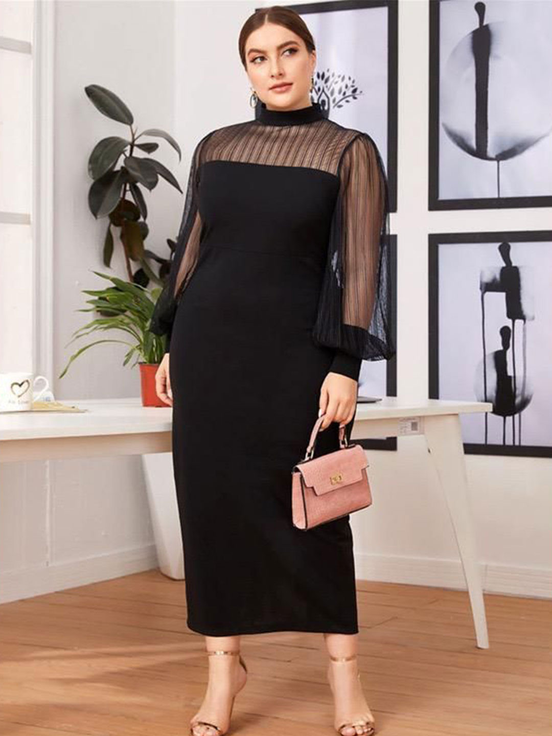 Sztori Women Plus Size Round Neck Long Sleeves Bodycon Dress