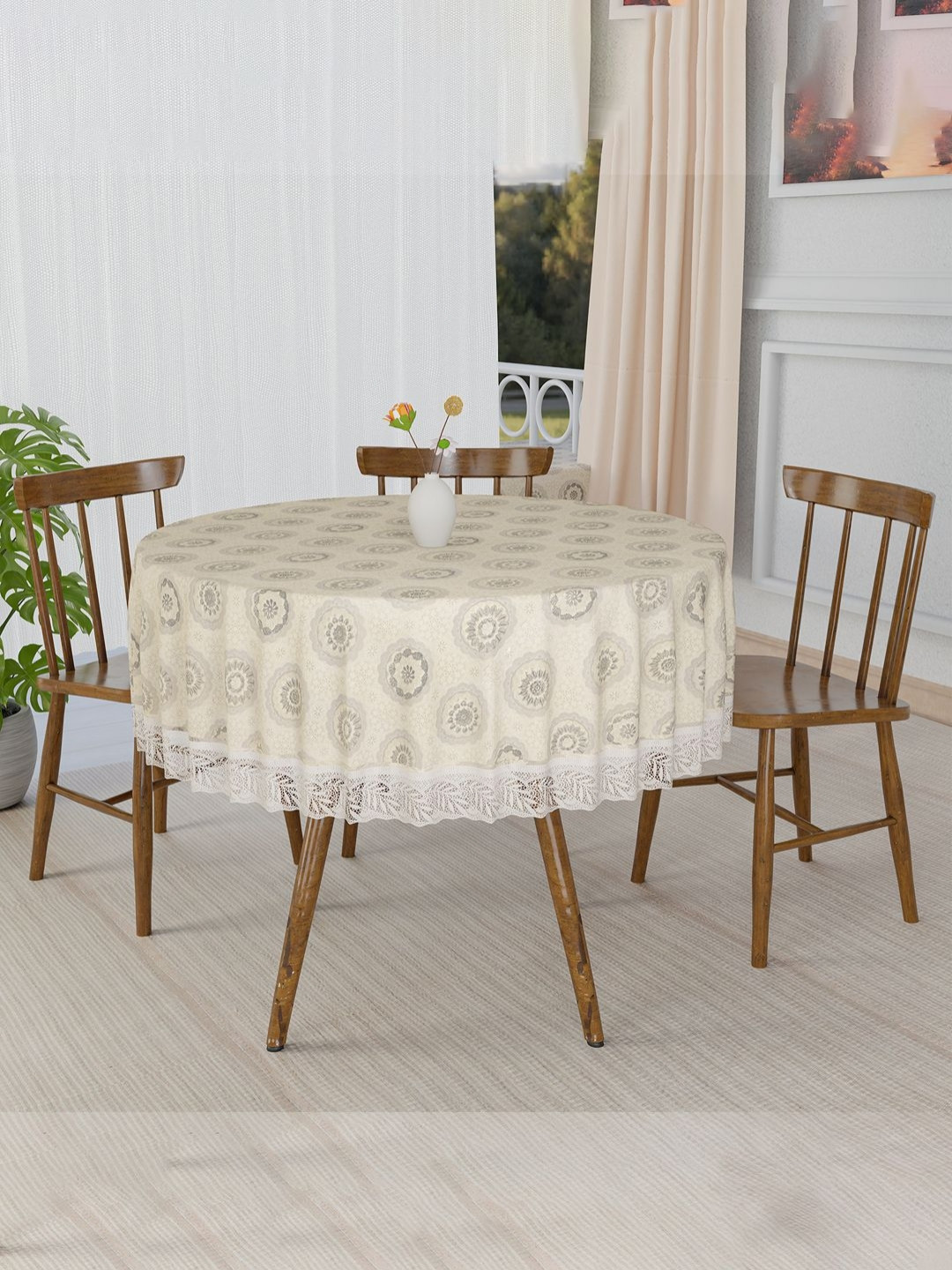 RUBOXA Cream-Coloured Floral Round 4-Seater Table Cover