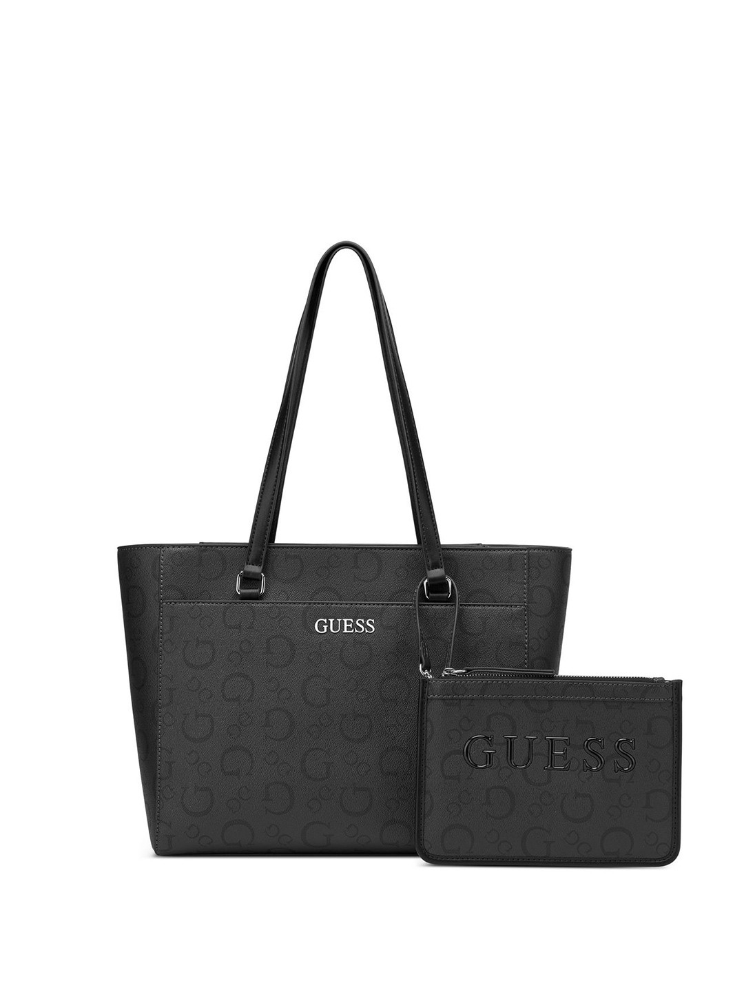 GUESS Women Delphine Typography Structured Shoulder Bag with Pouch