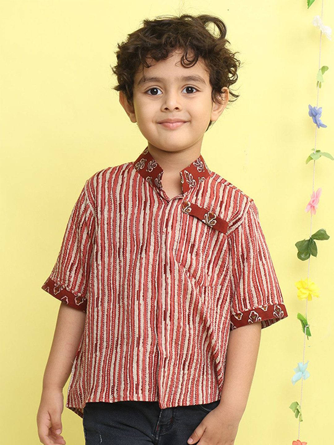 Here&Now X Kinder Kids Boys Striped Roll-Up Sleeves Mandarin Collar Cotton Shirt